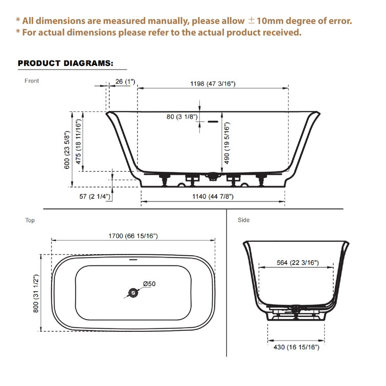 67'' White Acrylic Freestanding Soaking Bathtub with Chrome Drain