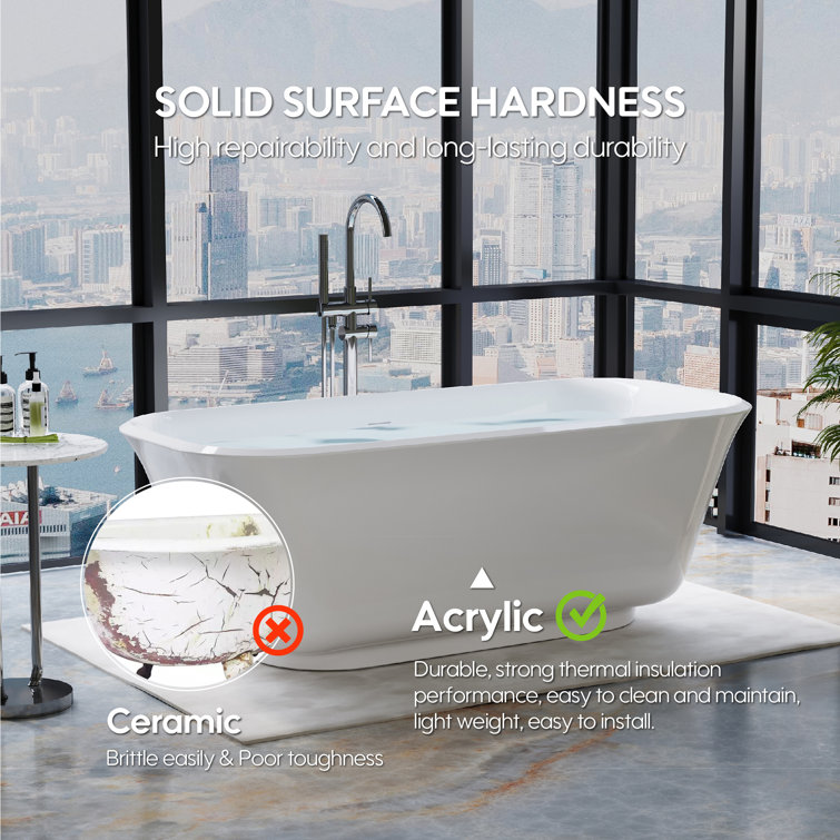 67'' White Acrylic Freestanding Soaking Bathtub with Chrome Drain