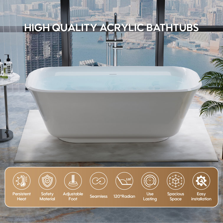 67'' White Acrylic Freestanding Soaking Bathtub with Chrome Drain
