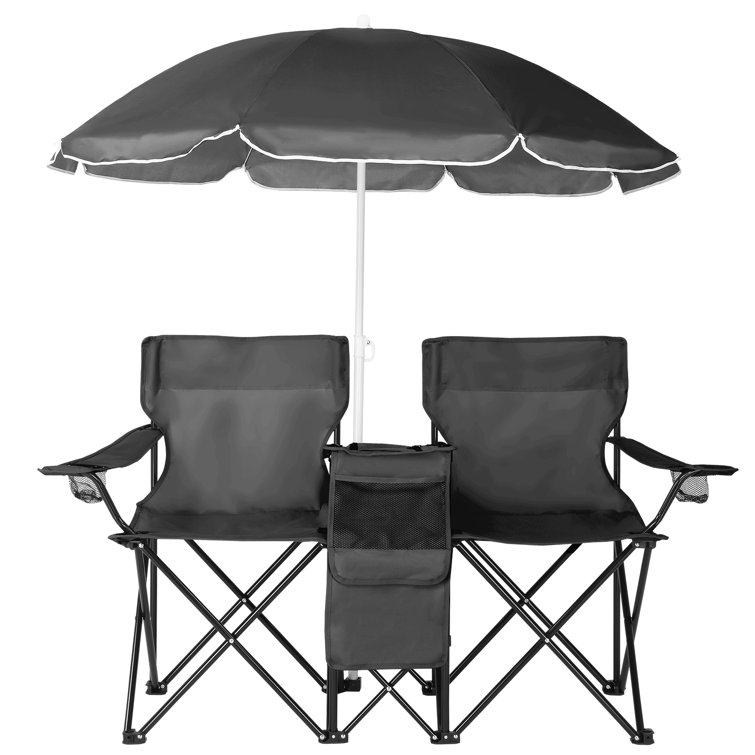 Black Portable Two-Person Fishing Chair with Removable Umbrella
