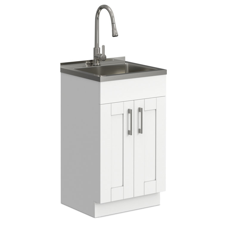 Pure White Freestanding Shaker Laundry Cabinet with Stainless Steel Sink
