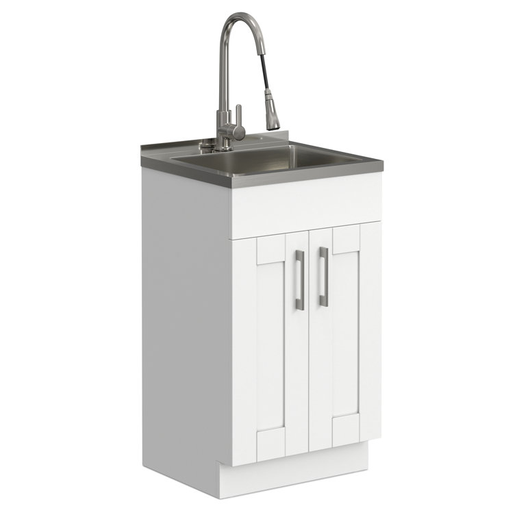 Pure White Freestanding Shaker Laundry Cabinet with Stainless Steel Sink