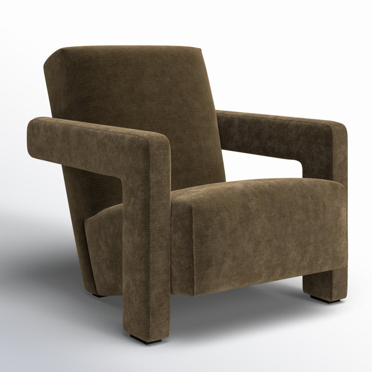Olive Velvet Upholstered Armchair with Solid Wood Legs
