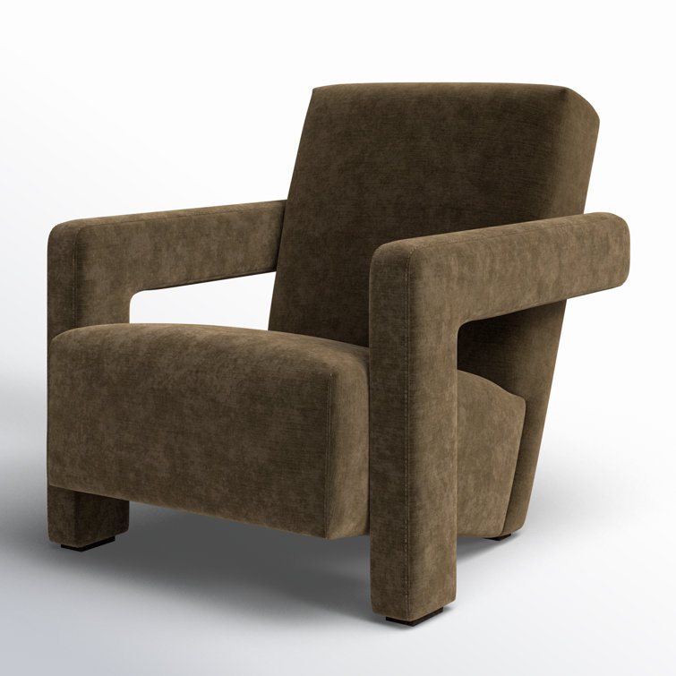 Olive Velvet Upholstered Armchair with Solid Wood Legs