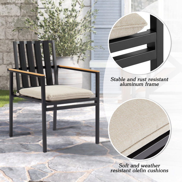 Black Powder Coated Aluminum Outdoor Dining Chairs with Beige Cushions