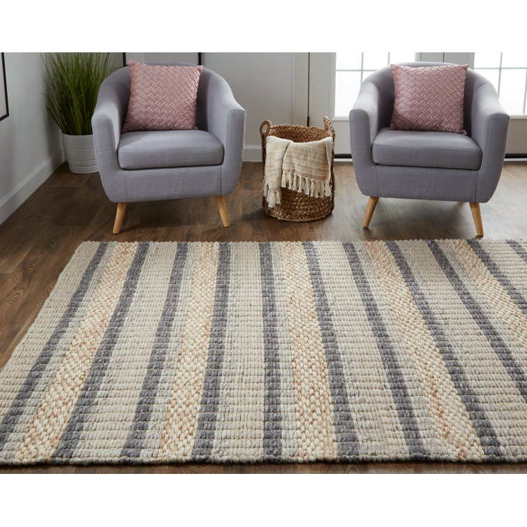 Handmade Gray and Beige Wool Striped Area Rug 3'6" x 5'6"