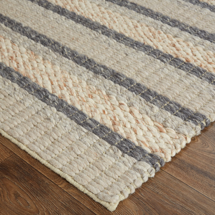 Handmade Gray and Beige Wool Striped Area Rug 3'6" x 5'6"