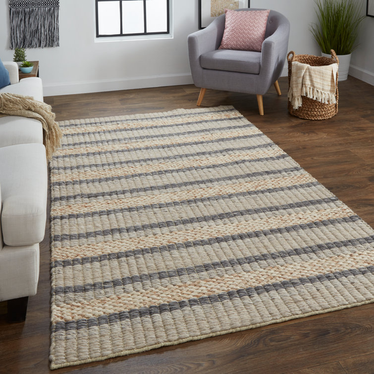 Handmade Gray and Beige Wool Striped Area Rug 3'6" x 5'6"
