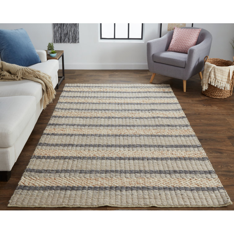 Handmade Gray and Beige Wool Striped Area Rug 3'6" x 5'6"