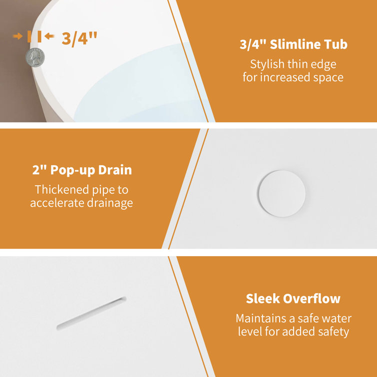 65" White Acrylic Freestanding Soaking Bathtub with Drain