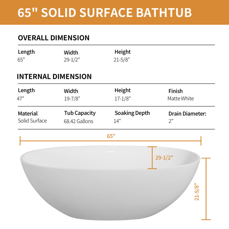 65" White Acrylic Freestanding Soaking Bathtub with Drain