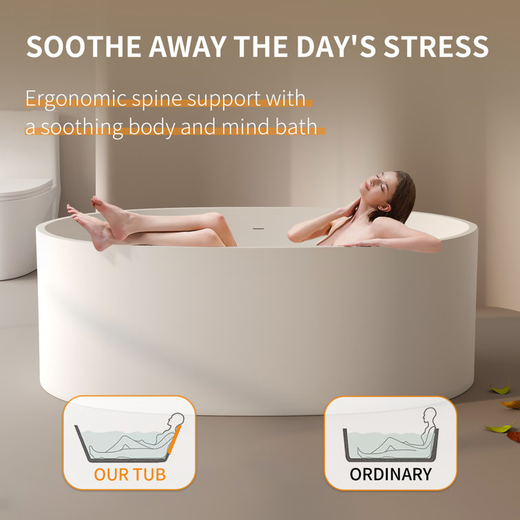 65'' Matte White Solid Surface Freestanding Soaking Bathtub
