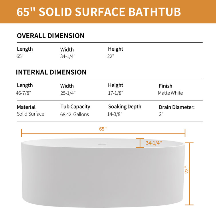 65'' Matte White Solid Surface Freestanding Soaking Bathtub