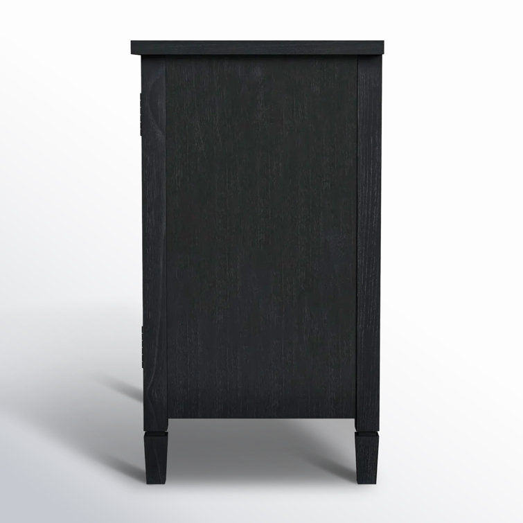 Washed Black Mindi Wood Cane Cabinet with Bronze Hardware