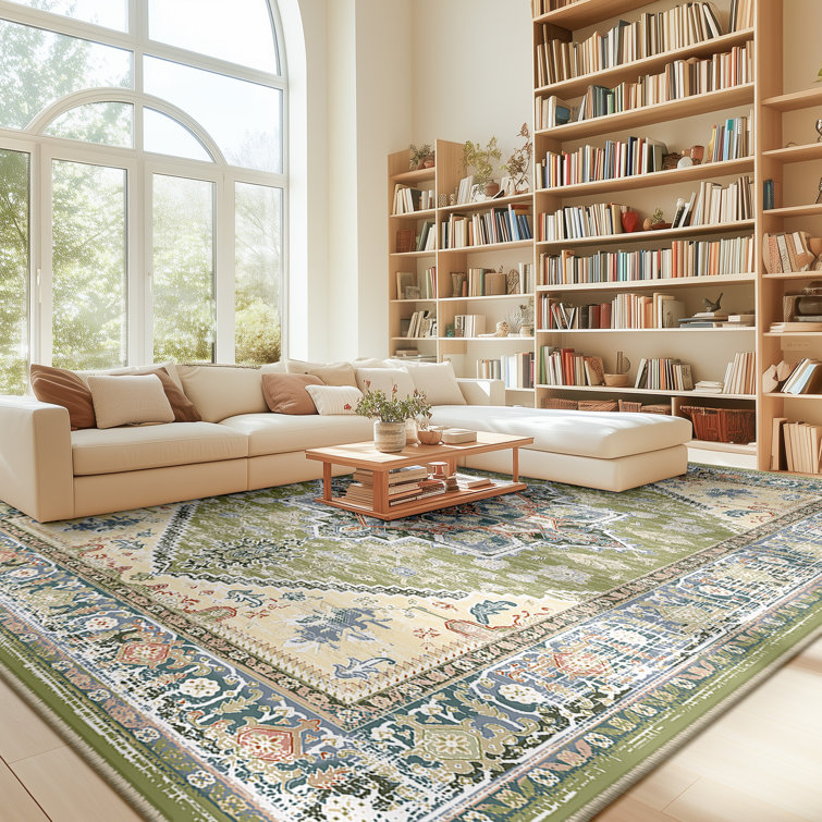 Vintage Green and Beige Synthetic Non-Slip Area Rug 5' x 7'