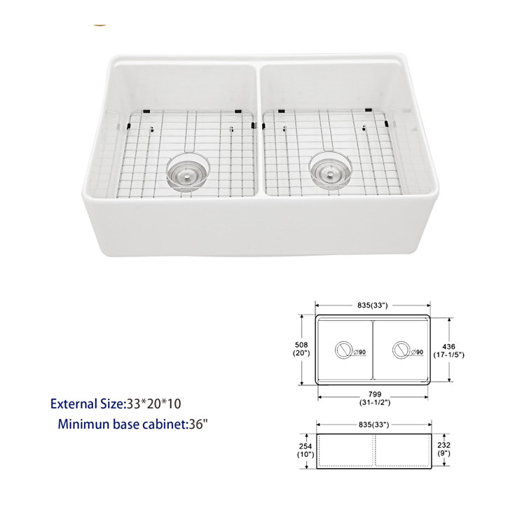 33'' White Ceramic Farmhouse Workstation Kitchen Sink with Accessories