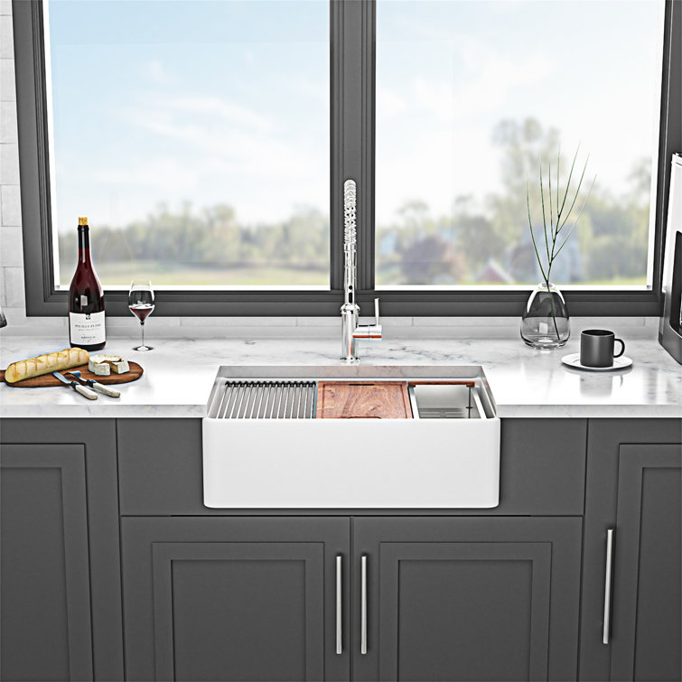 33'' White Ceramic Farmhouse Workstation Kitchen Sink with Accessories