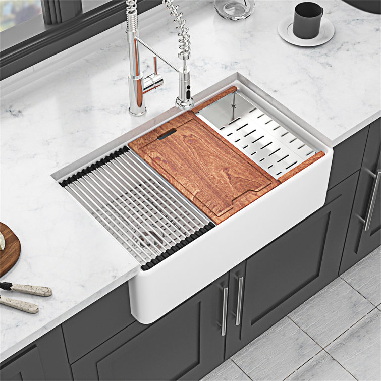 33'' White Ceramic Farmhouse Workstation Kitchen Sink with Accessories