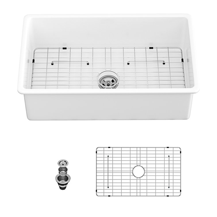 32" White Ceramic Undermount Single Bowl Kitchen Sink
