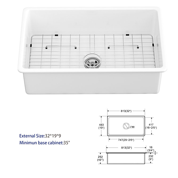 32" White Ceramic Undermount Single Bowl Kitchen Sink