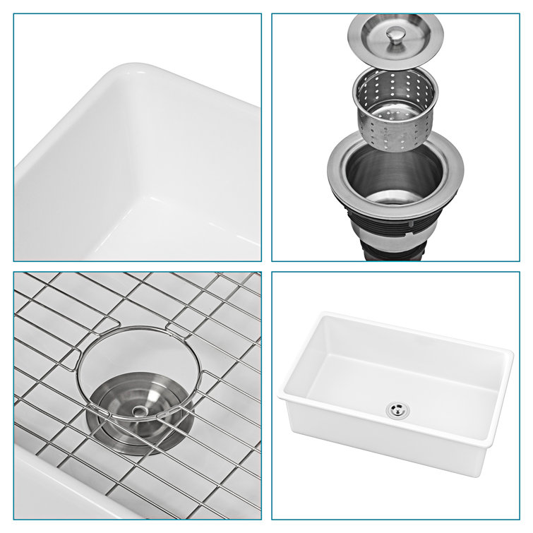 32" White Ceramic Undermount Single Bowl Kitchen Sink