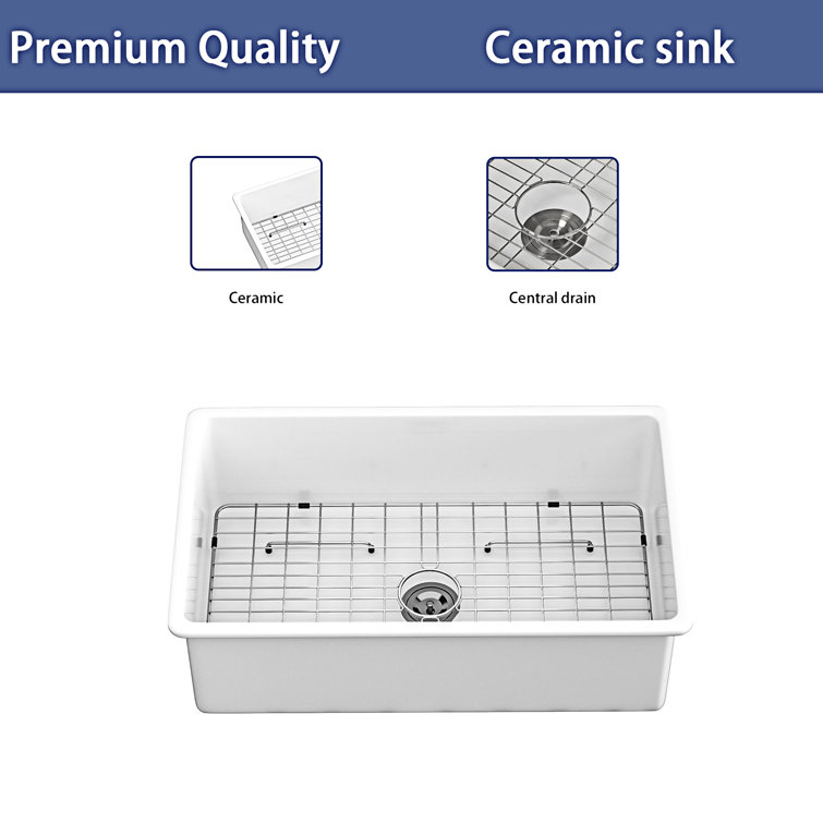 32" White Ceramic Undermount Single Bowl Kitchen Sink
