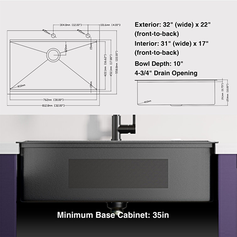 32x22 Inch Gunmetal Black Stainless Steel Single Bowl Workstation Sink