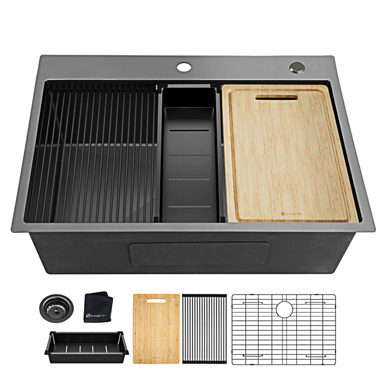 32x22 Inch Gunmetal Black Stainless Steel Single Bowl Workstation Sink