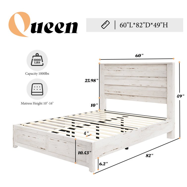 Distressed White Queen Wood Platform Bed with 49" Headboard