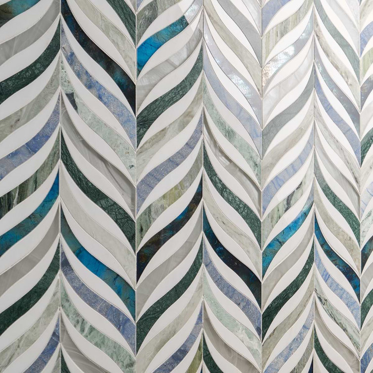 Verde Azul Green Polished Marble and Glass Mosaic Wall Tile