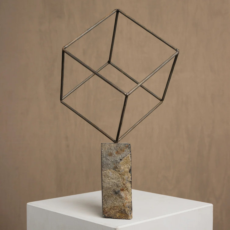 Brown Metal and Rock Single Cube Sculpture
