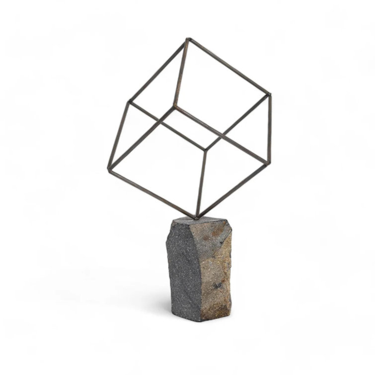 Brown Metal and Rock Single Cube Sculpture