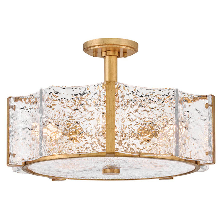 Distressed Brass and Clear Glass Drum LED Semi Flush Mount
