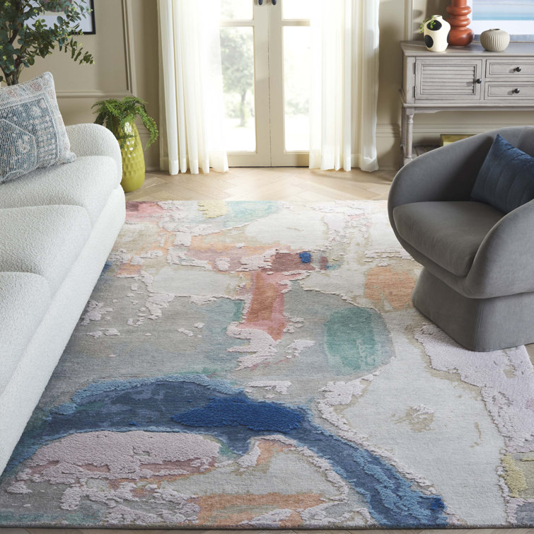 Handmade Blue and Blush Wool Abstract 6' x 9' Area Rug