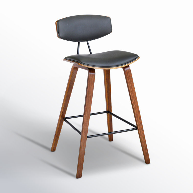 Fox Mid-Century Modern Gray Faux Leather & Brushed Black Wood Barstool