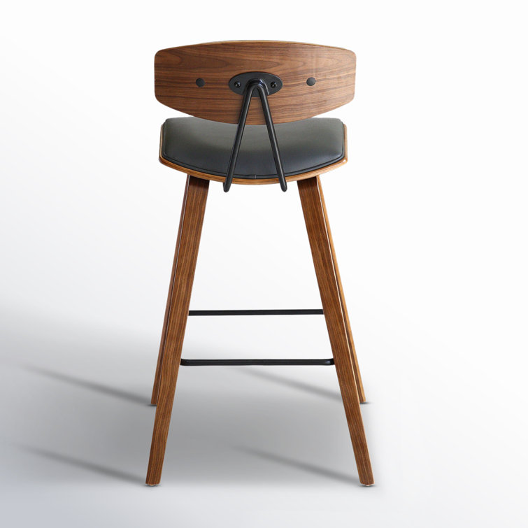 Fox Mid-Century Modern Gray Faux Leather & Brushed Black Wood Barstool