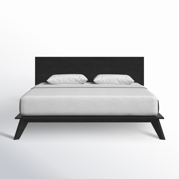 King Black Oak Wood Platform Bed with Headboard and Drawer