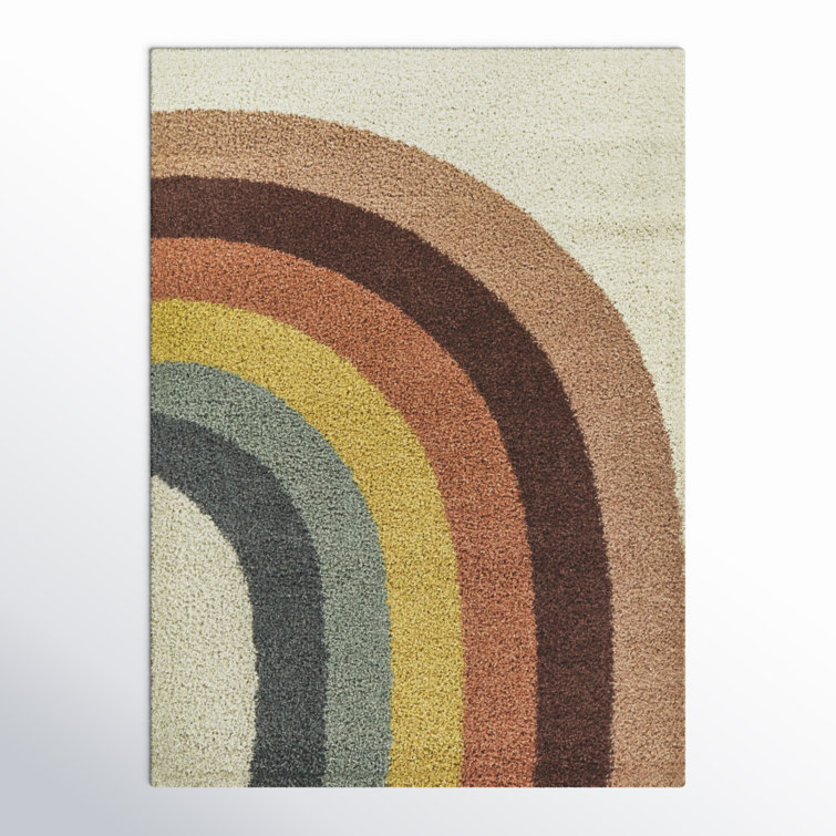 Rainbow Stripe Multicolor Shag Area Rug with Jute Backing