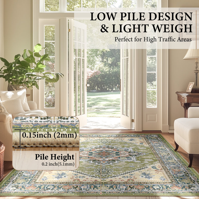 Vintage Green and Beige Synthetic Non-Slip Area Rug 5' x 7'