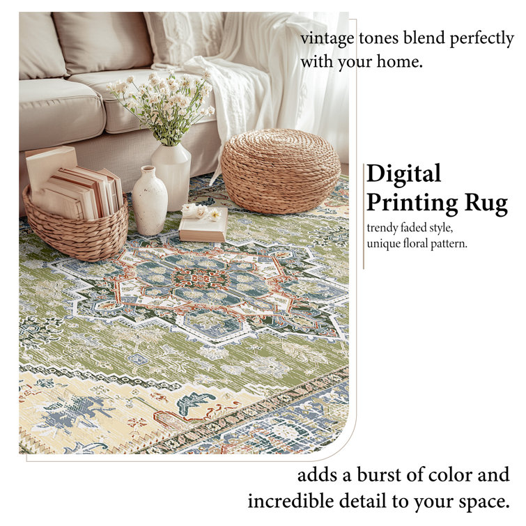 Vintage Green and Beige Synthetic Non-Slip Area Rug 5' x 7'