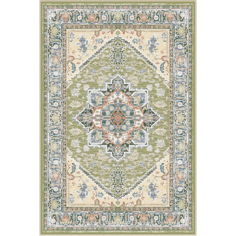 Vintage Green and Beige Synthetic Non-Slip Area Rug 5' x 7'