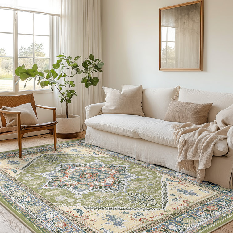 Vintage Green and Beige Synthetic Non-Slip Area Rug 5' x 7'