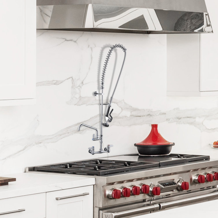 Commercial Chrome Triple Handle Wall Mount Kitchen Faucet with Pull-out Spray