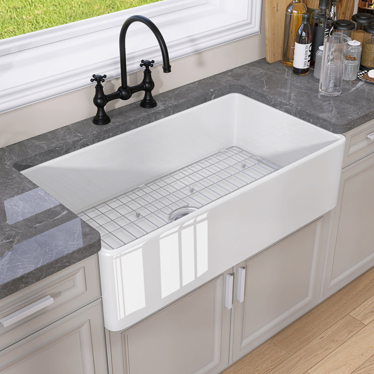 White Fireclay Single Bowl Farmhouse Kitchen Sink with Grid