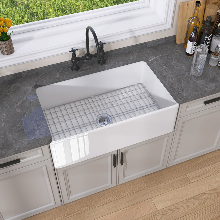 White Fireclay Single Bowl Farmhouse Kitchen Sink with Grid