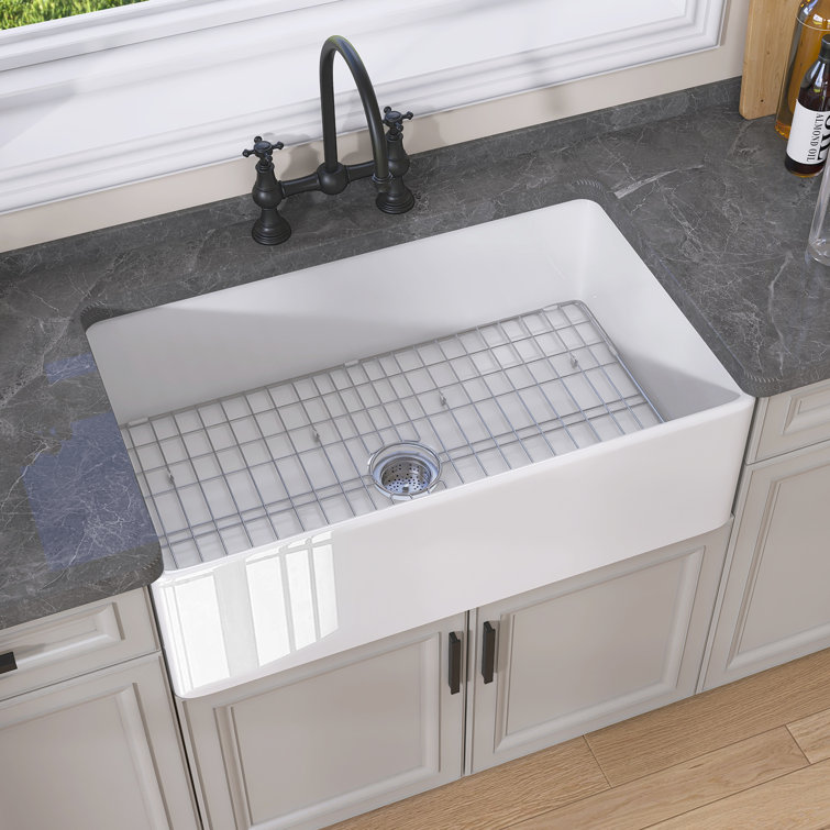 White Fireclay Single Bowl Farmhouse Kitchen Sink with Grid