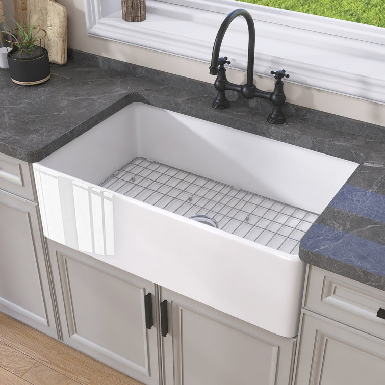 White Fireclay Single Bowl Farmhouse Kitchen Sink with Grid