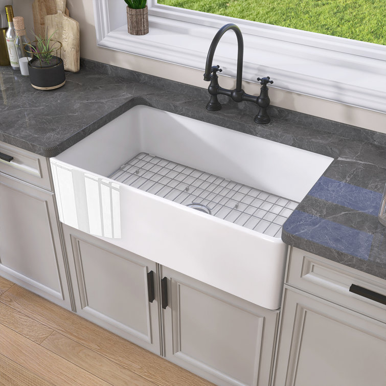 White Fireclay Single Bowl Farmhouse Kitchen Sink with Grid