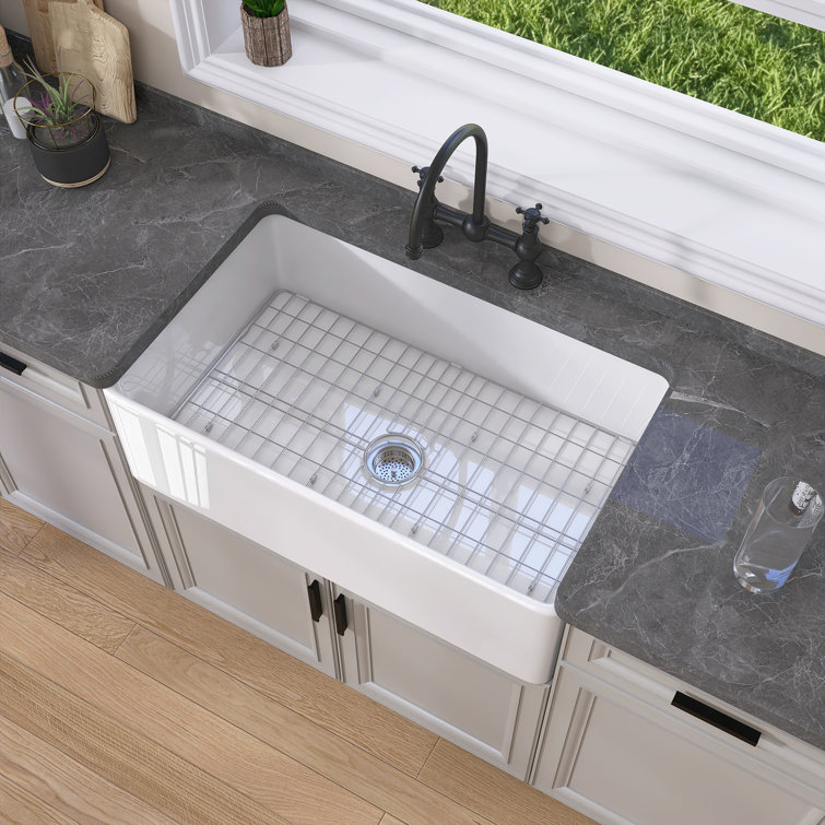 White Fireclay Single Bowl Farmhouse Kitchen Sink with Grid