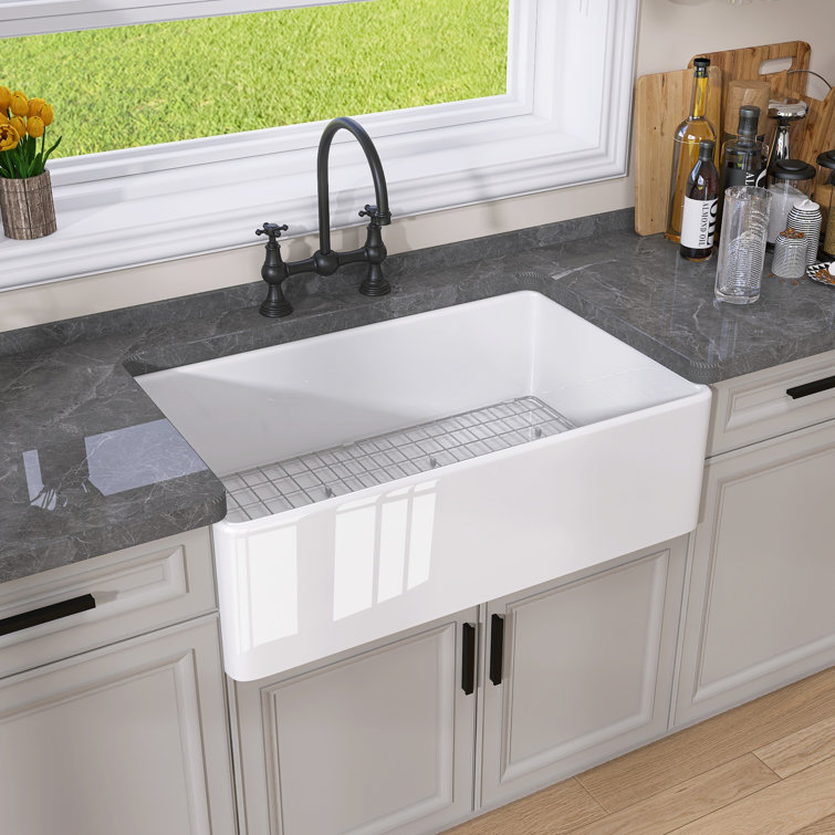 White Fireclay Single Bowl Farmhouse Kitchen Sink with Grid